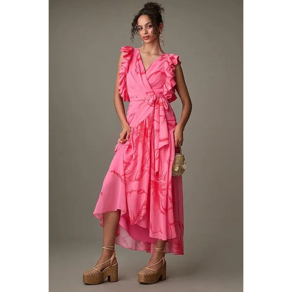 Hutch Beck Chiffon Floral Wrap Maxi Dress Pink Roman Size XS NEW